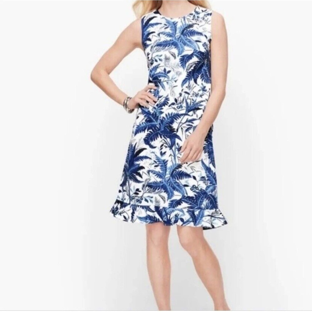 TALBOTS $129 Blue White Cotton Fern Flounce Lined Shift Dress Size 6 Petite